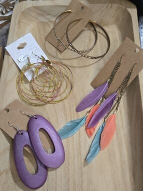 Large Boho Earring Set Purple Feather and Hoop Earrings